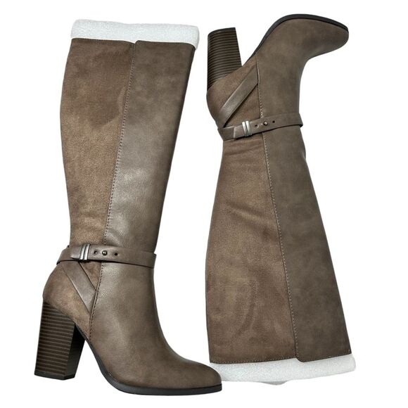 KNEE HIGH FAUX LEATHER & SUEDE TAUPE HEELED BOOTS NWT EQUESTRIAN - Picture 1 of 8